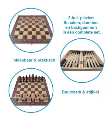 Pegasi 3-in-1 Houten Bordspel – Schaken, Dammen & Backgammon